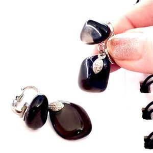 Vintage gemstone clip on earrings transparent brown/ black silver